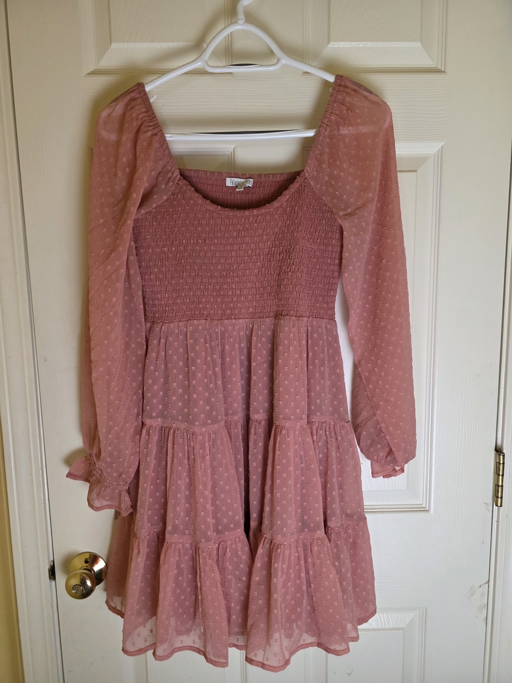 Blush Lace Long Sleeve Swiss Dot Tiered Dress - Pink